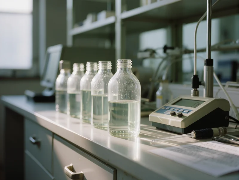 Laboratory water testing bench with sample bottles and a conductivity meter used to produce the source water analysis that decides between RO and a water ionizer