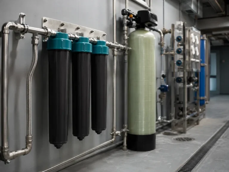 Multi-stage commercial water filtration train installed in a hospitality plant room