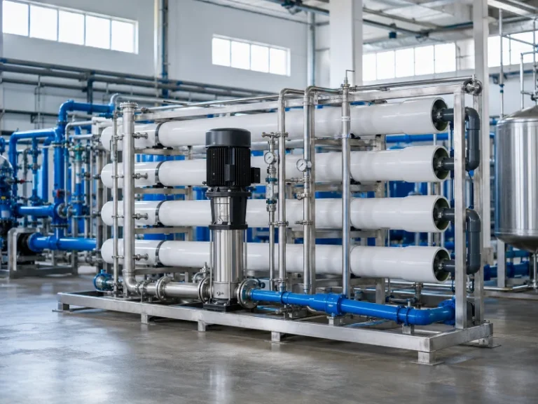 Skid-mounted industrial reverse osmosis system with spiral-wound membrane pressure vessels and a high-pressure feed pump