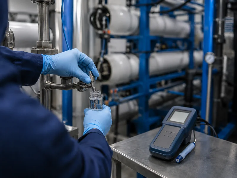 Technician sampling feed and permeate to verify reverse osmosis fluoride removal at commissioning