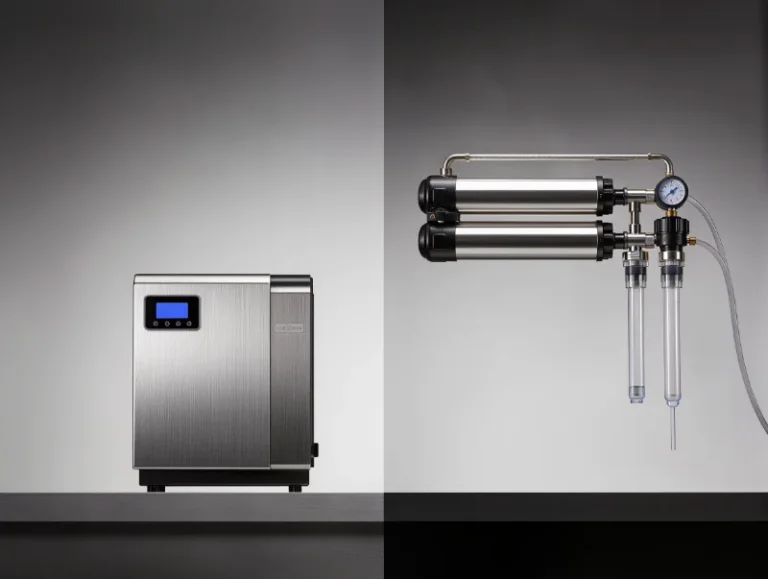Water ionizer vs reverse osmosis compared side by side: an electrolysis unit with charged plates and an RO system with a semi-permeable membrane and pressure pump