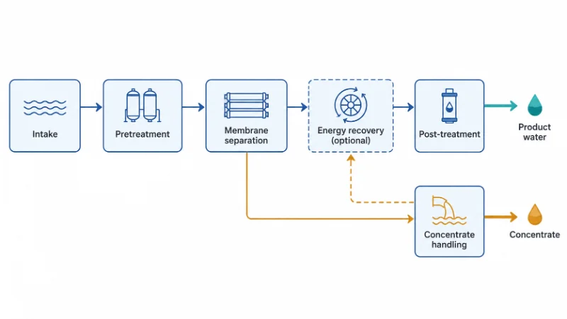 Flow diagram of the six process blocks in a reverse osmosis desalination plant, intake to concentrate discharge