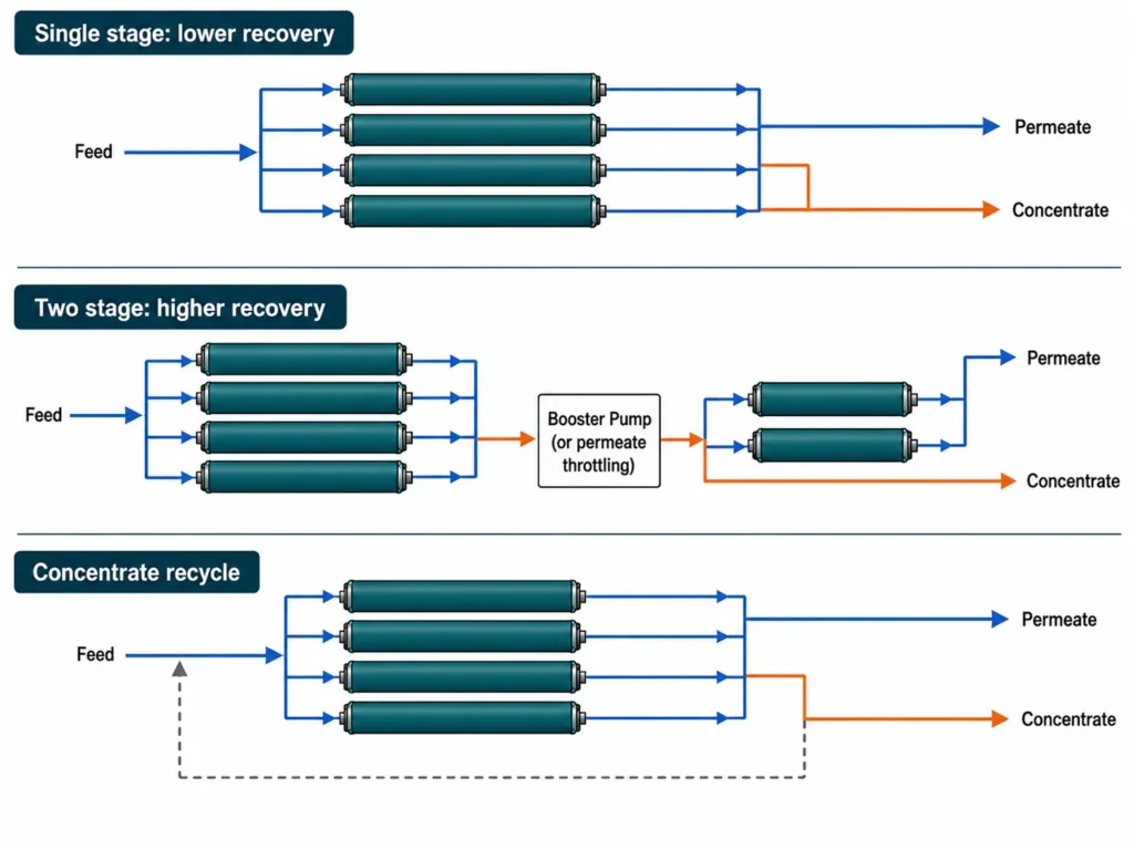 Diagram of how stage count and a concentrate recycle line change with the recovery target